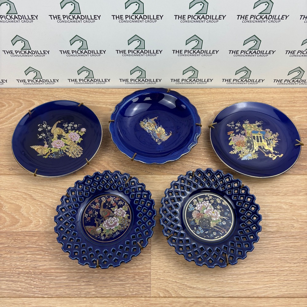 Vintage Cobalt Blue Japanese Decorative Plates Set 5 Peacock Floral Gold 6"